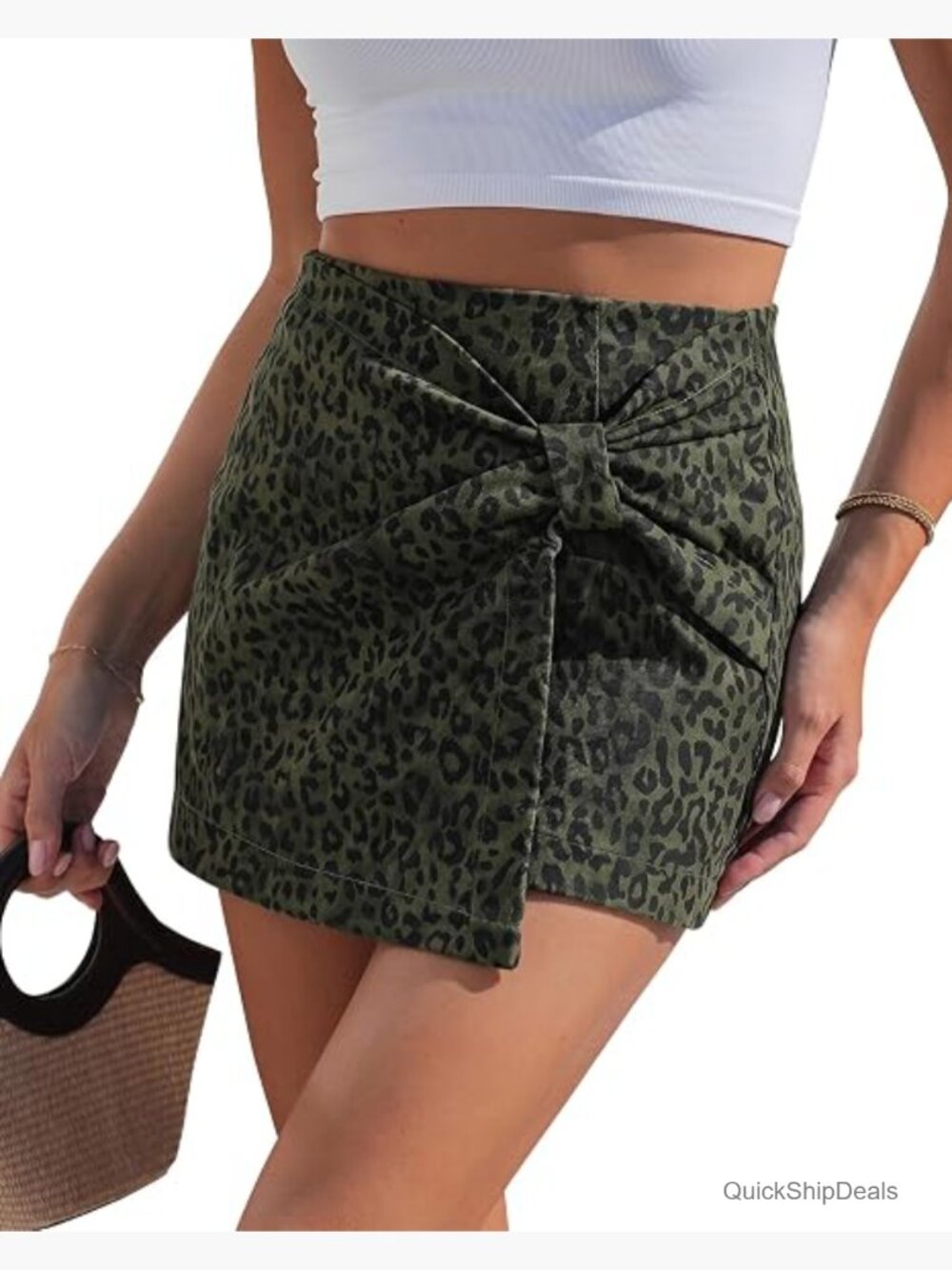 High Waisted Leopard Print Skort with Shorts Bow Faux Wrap Mini Stretchy Skort